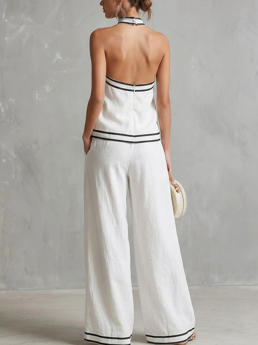 Women's Stand-up Collar Sleeveless Casual Loose Cotton And Linen Top With Elastic Waist And Wide-leg Pants Cotton And Linen Set