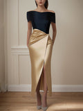 Prom Dress Satin Black&Champagne Off The Shoulder High Slit Dress