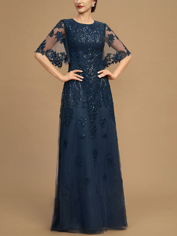 Round Neck Lace Sequins Solid Mesh Gown Maxi Dress
