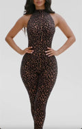 Leopard Print Flocked Halter Jumpsuit with Open Back & Sleeveless Design