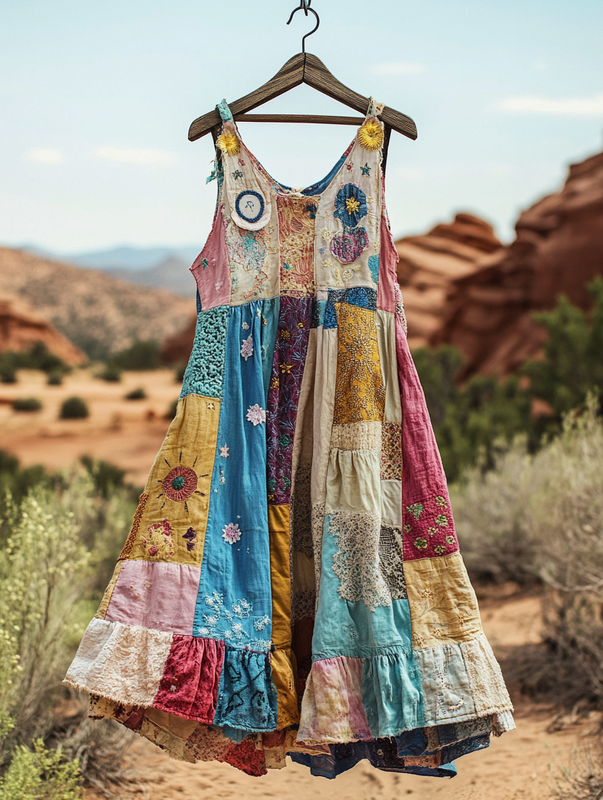 Summer vacation loose patchwork cotton and linen dress 3067