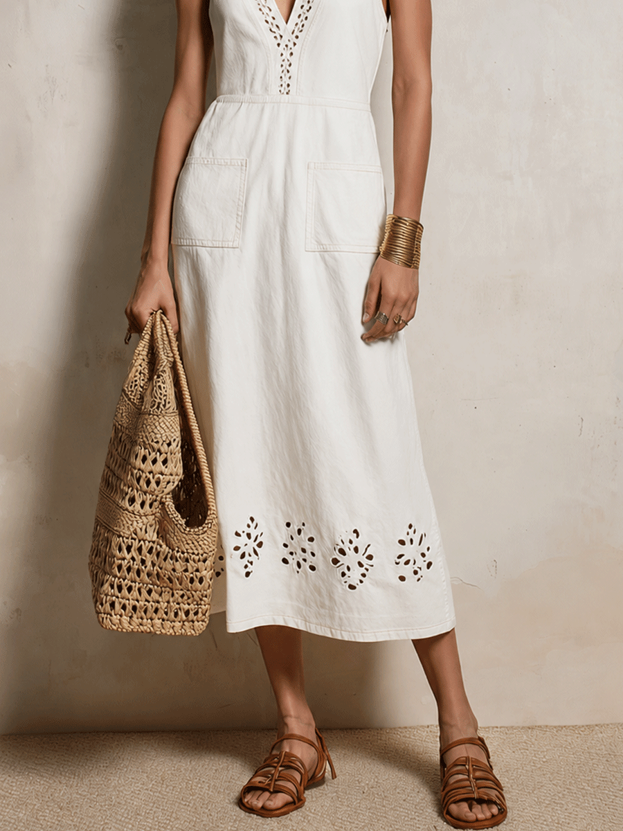 Effortless Coastal Elegance Sleeveless Eyelet Detail  V-Neck Cotton Midi Dress