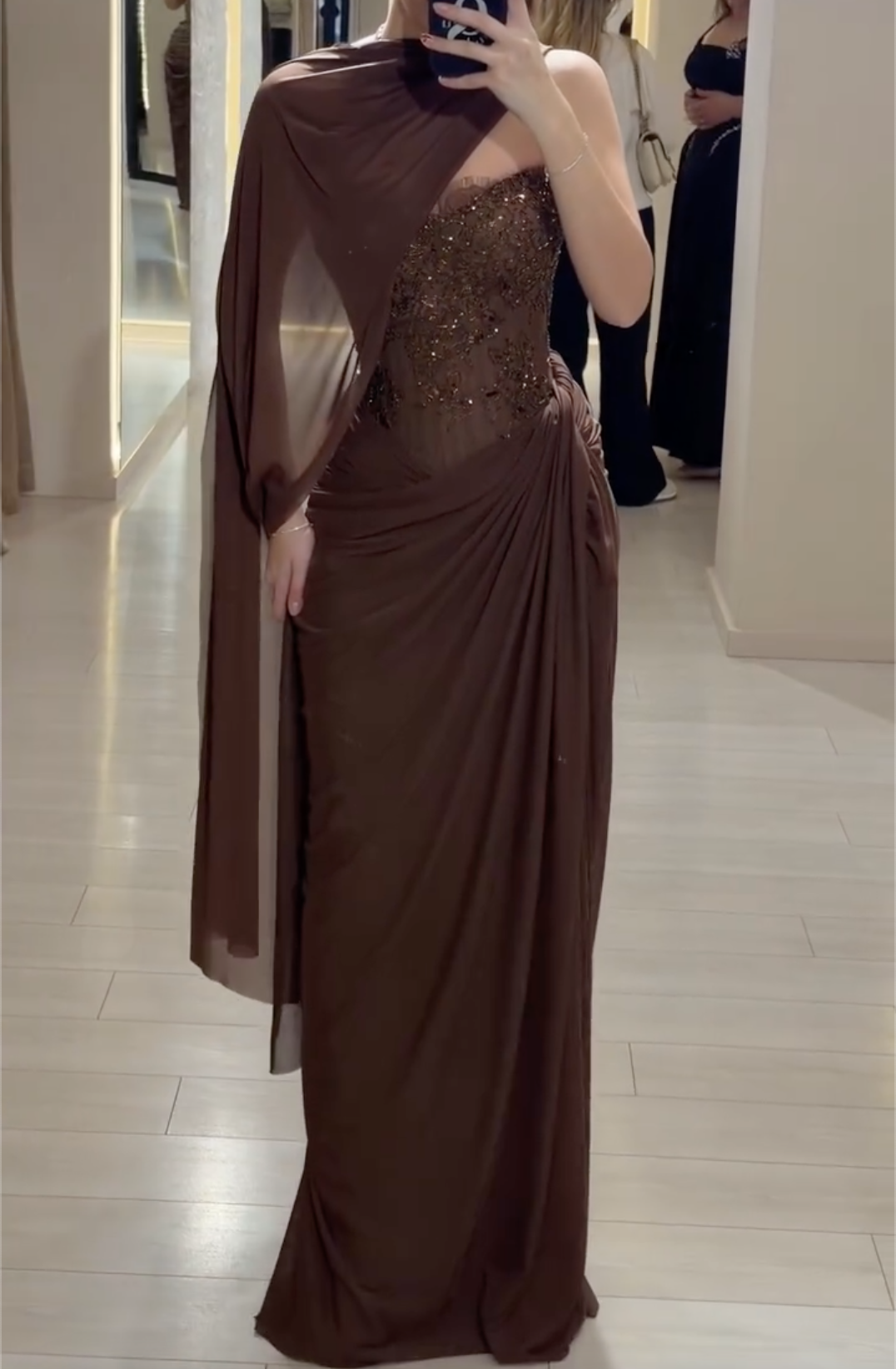Chocolate Brown One-Shoulder Maxi Dress with Sheer Beaded Corset & High Slit