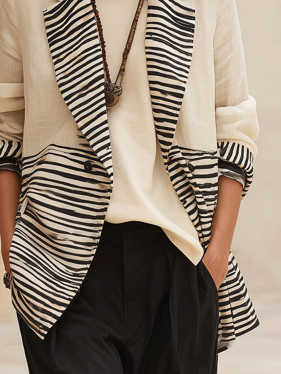 Women's Linen Blend With Zebra Print Contrast Lapel Blazer