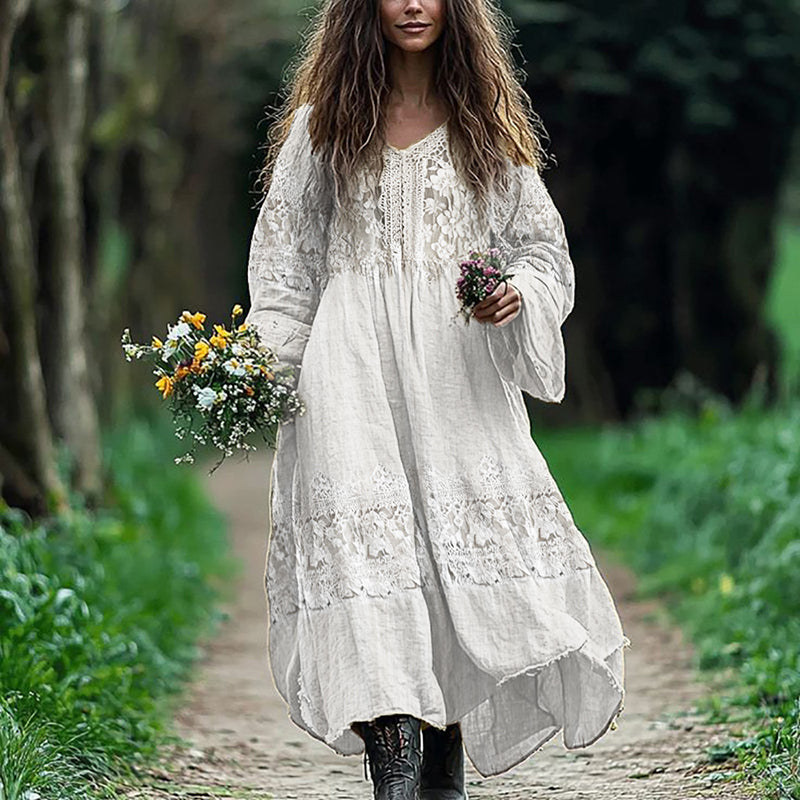 Vintage Floral Hollow Lace Patchwork Flowy Linen Maxi Dress