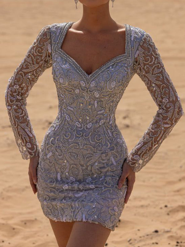 Beaded Jacquard Long Sleeves V-neck Mini Dresses