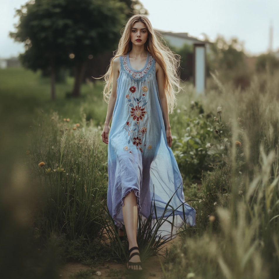 Women's Boho Floral Art Linen Tank Dress