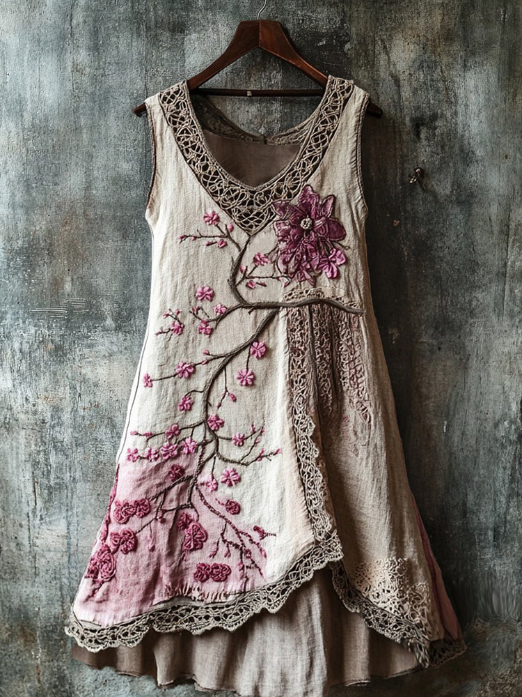 Women's Cherry Blossom Embroidery Lace Patchwork Art Linen Tank Dress