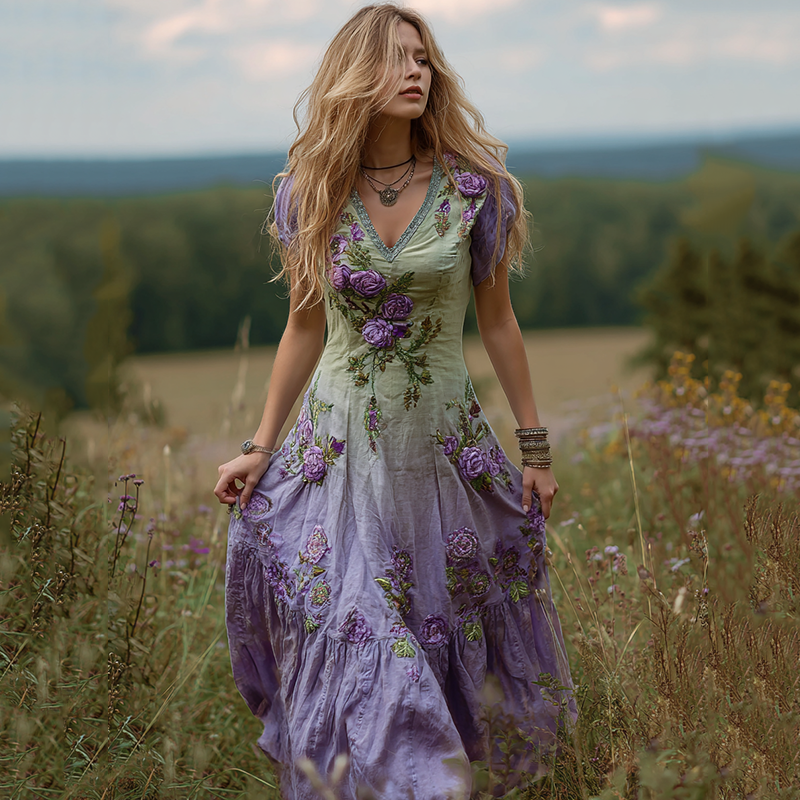 Women's Bohemian Floral Art Gradient Linen Maxi Dress