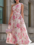 Pink Floral One-Shoulder Chiffon Midi Dress