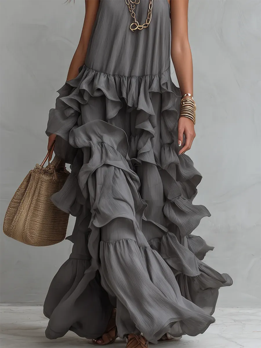 Retro Romantic Multi-layer Ruffle Maxi Dress