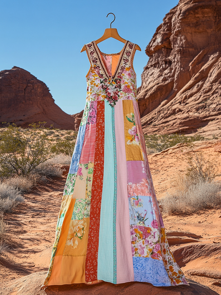 Women's Vintage Patchwork Flower Print V-neck Midi Dress