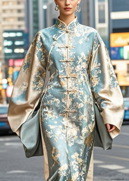 Art Gradient Color Print Chinese Style Silk Dress Fall