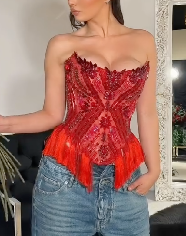 Red Strapless Crystal Beaded Fringe Corset Top with Sheer Mesh