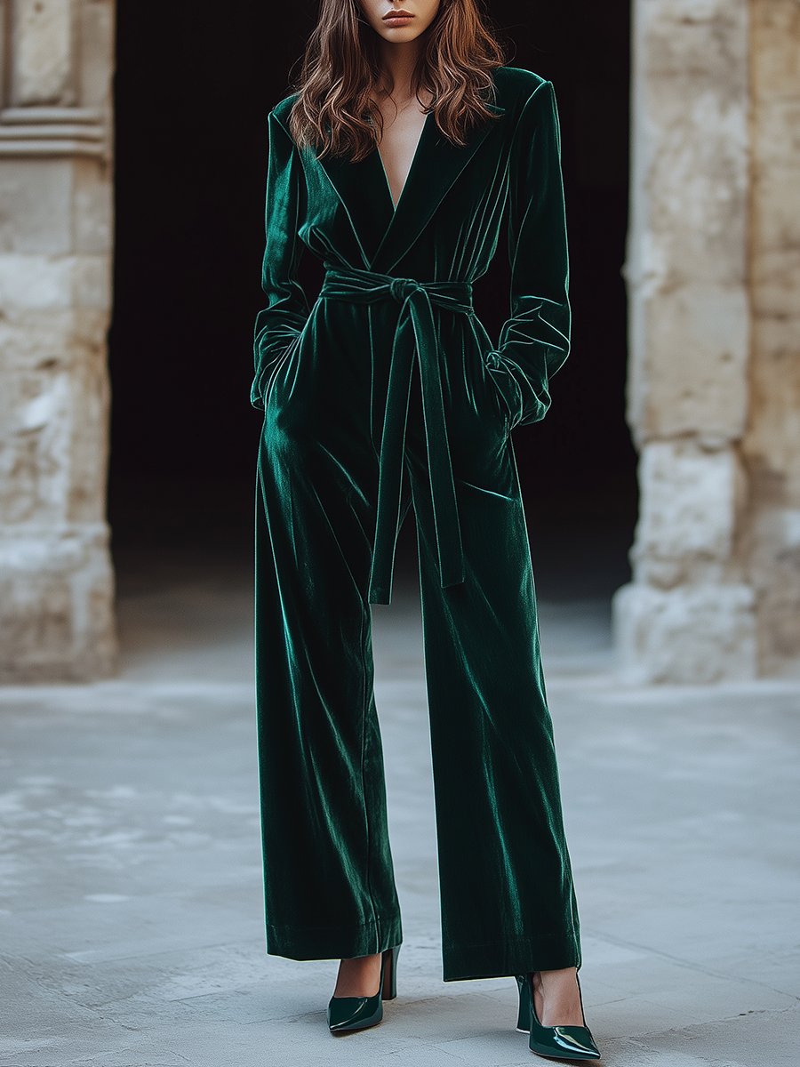 [24-hour shipping out]Retro Fashion Lapel Tie Pocket Velvet Jumpsuit