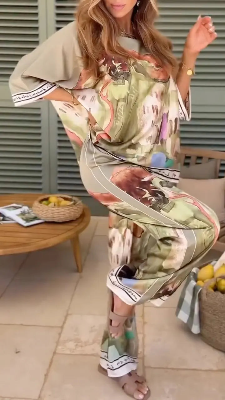 Abstract Oil Painting Printed Short Sleeve Top Wide Leg Pants Set