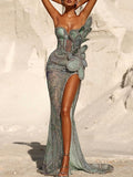 Applique See-Through Shiny Split-Side Bandeau Wrap Off-The-Shoulder Maxi Dresses