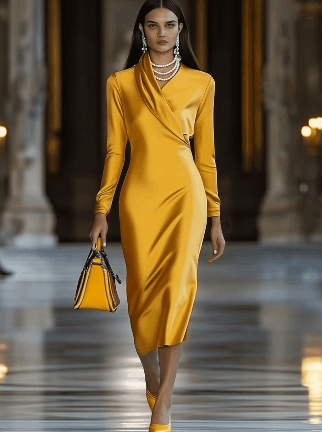 [24-hour shipping out]Fashion Vintage Gold Satin Long Sleeve Midi Dress