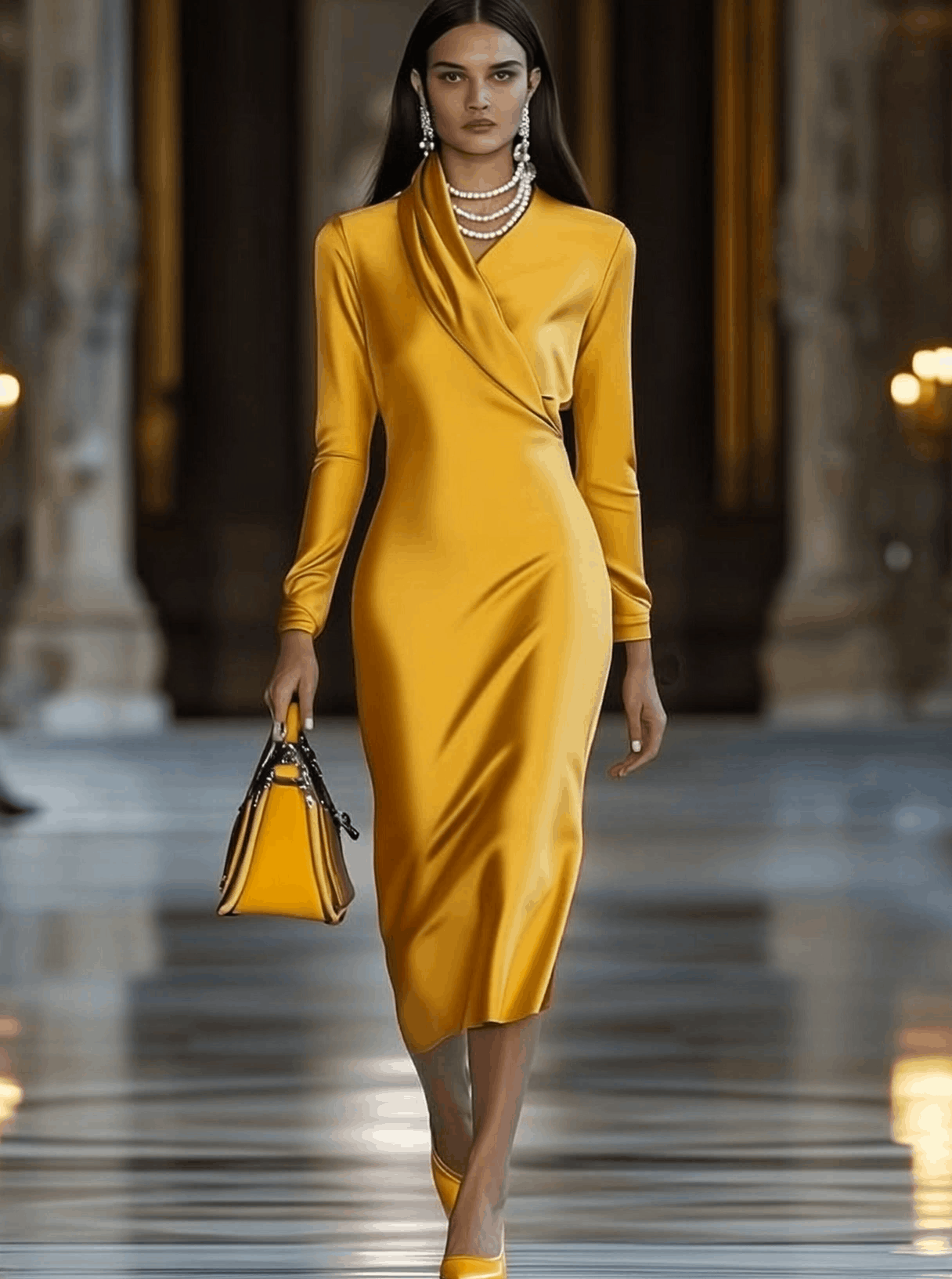 [24-hour shipping out]Fashion Vintage Gold Satin Long Sleeve Midi Dress