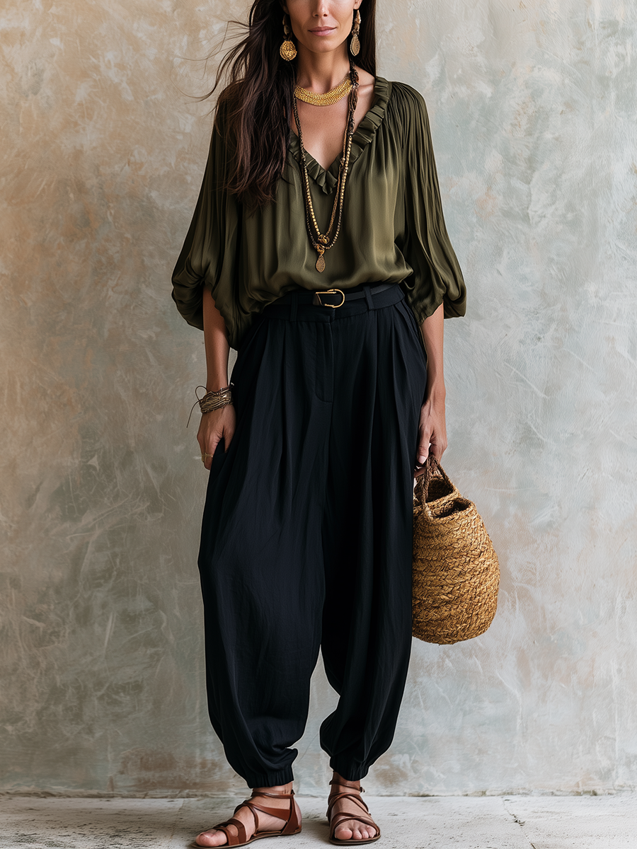 Bohemian Olive Green Ruffled Top And Lantern Pants Set