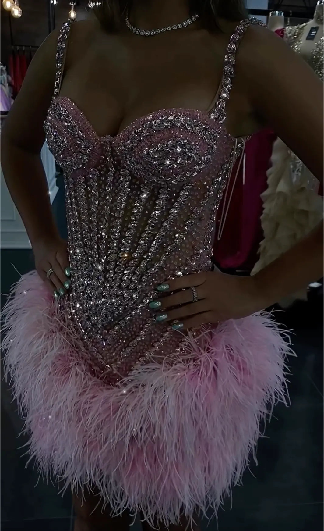 Bubblegum Pink Crystal Embellished Cami Mini Dress with Feather Skirt