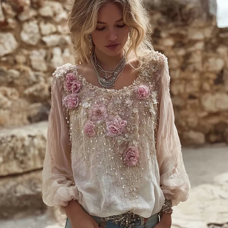 Vintage Pink Flowers Embroidered Long Sleeve Linen Tunic