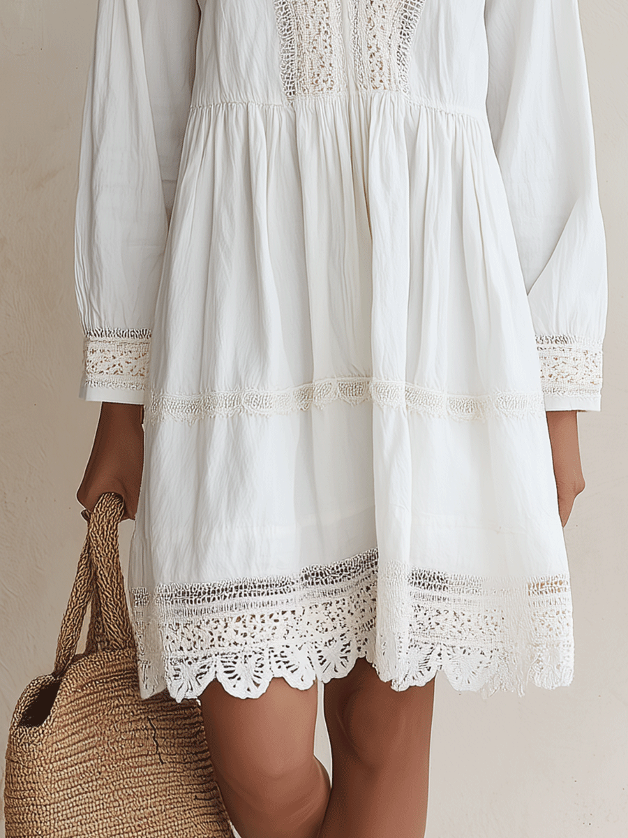 Effortless White Crochet Detailed V-Neck Mini Dress