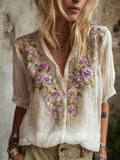 Boho Lace Floral Embroidery Women's Linen V-neck Short Sleeve Shirt