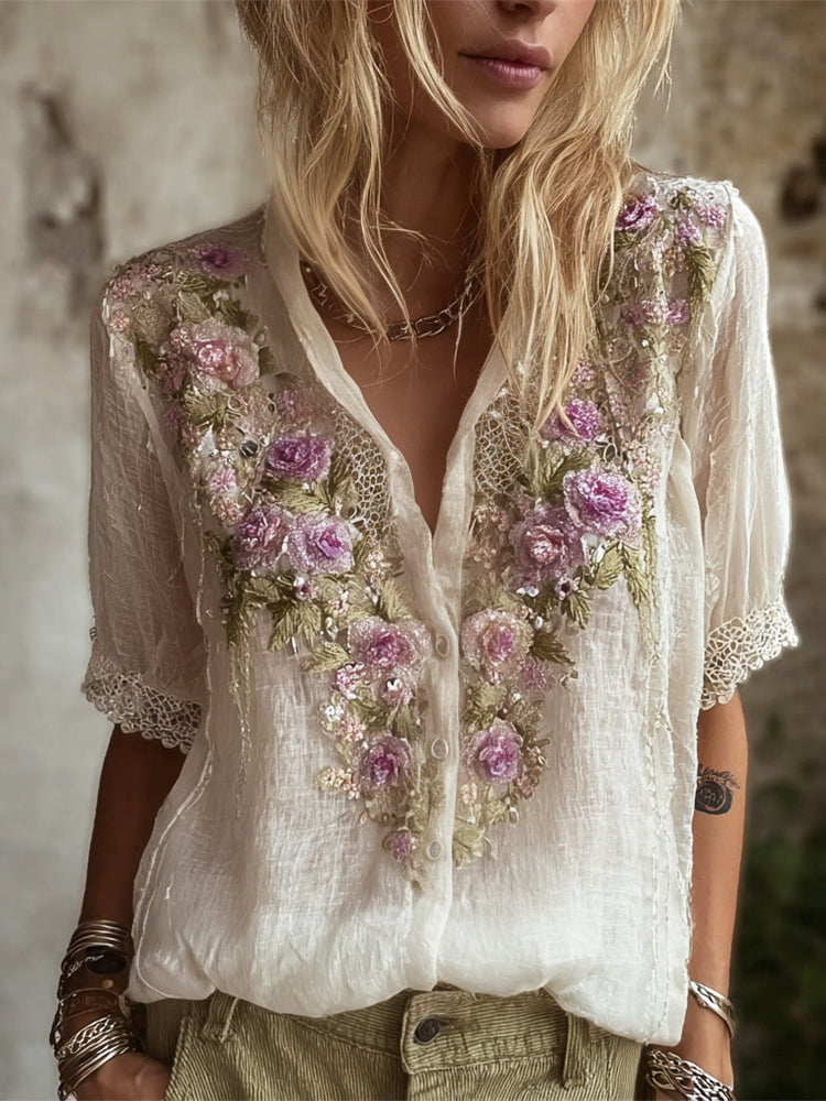 Boho Lace Floral Embroidery Women's Linen V-neck Short Sleeve Shirt