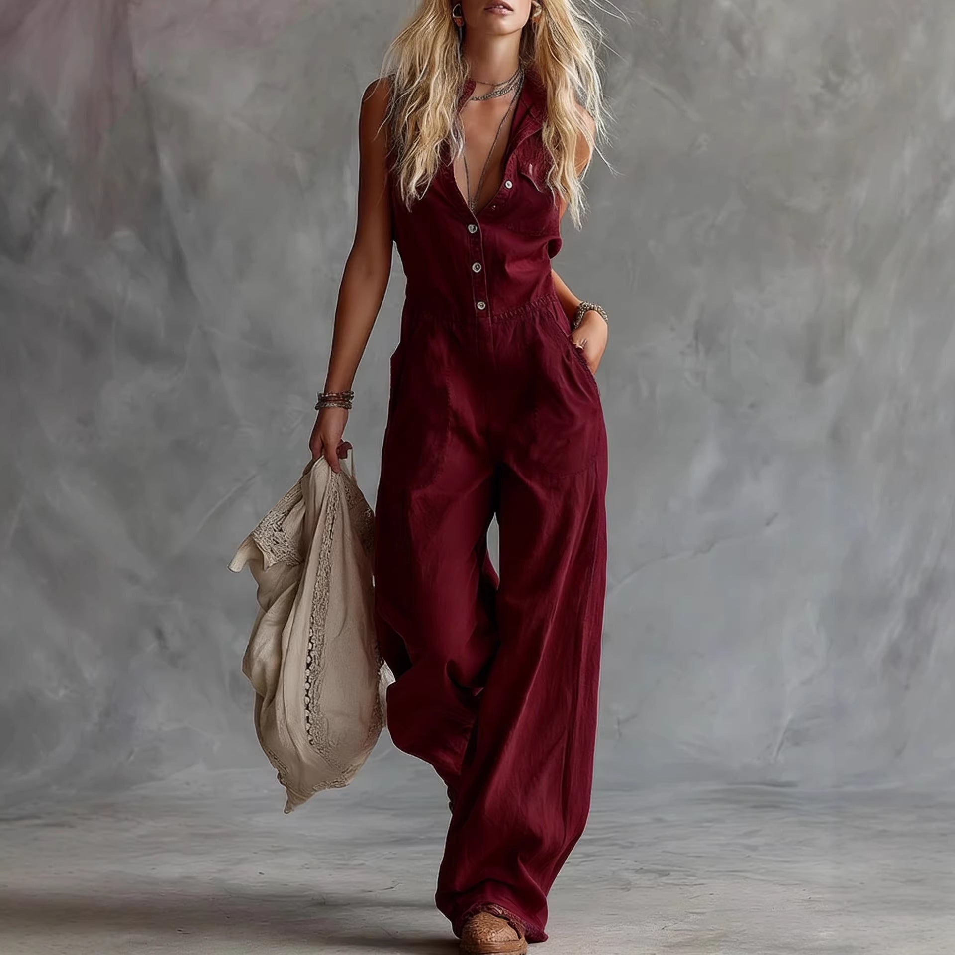 Effortless Boho Linen Jumpsuit: Breathable High-Waist Utility One-Piece for Summer