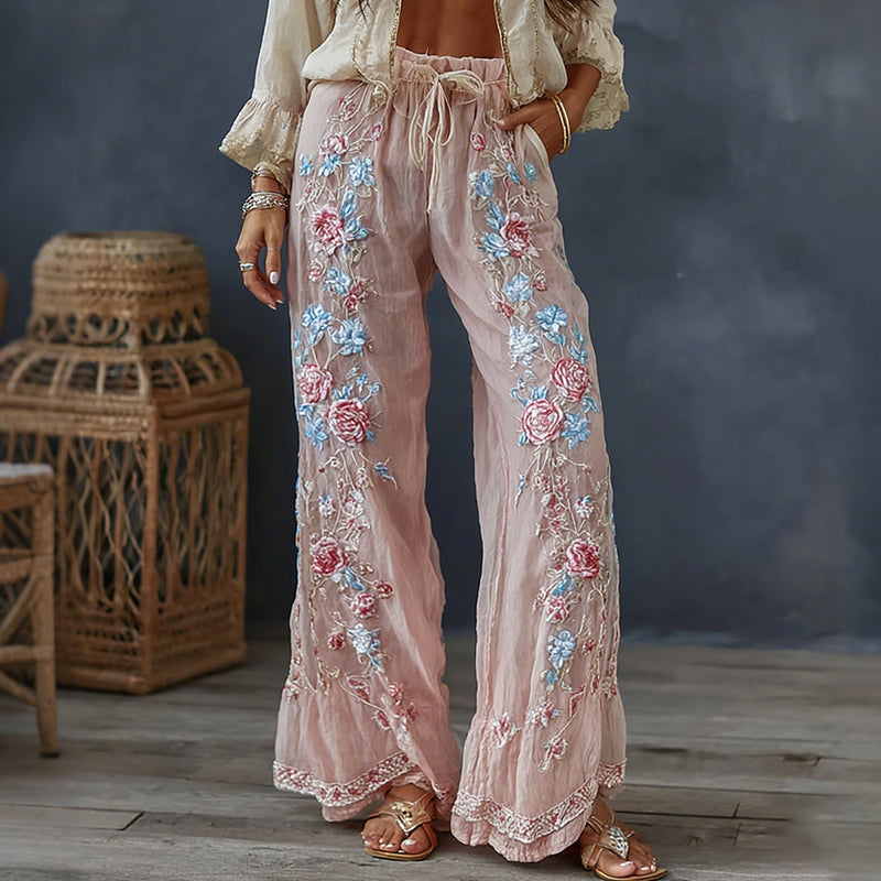 Women's Spring Floral Embroidered Art Print Flowy Linen Blend Casual Pants