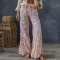 Women's Spring Floral Embroidered Art Print Flowy Linen Blend Casual Pants