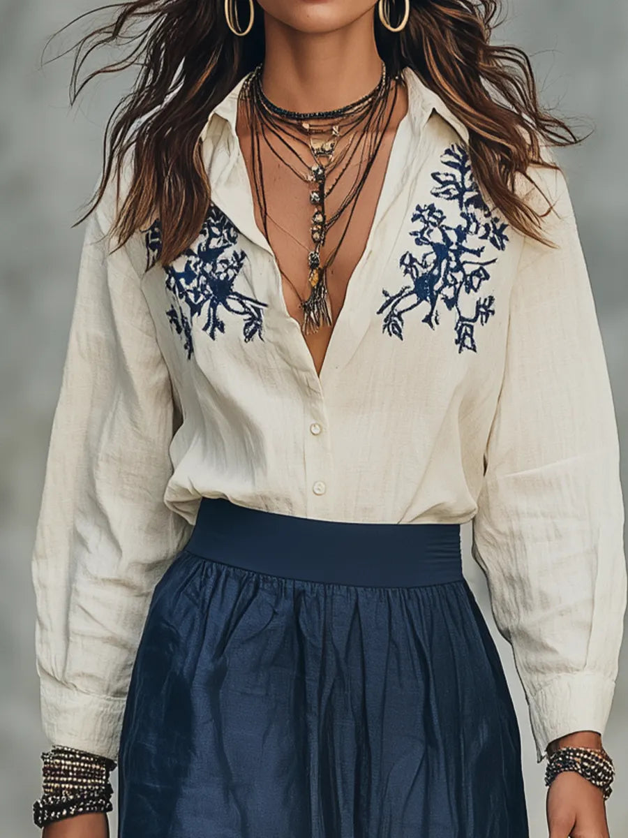 Elegant Ivory Embroidered Blouse & Navy Maxi Skirt Set