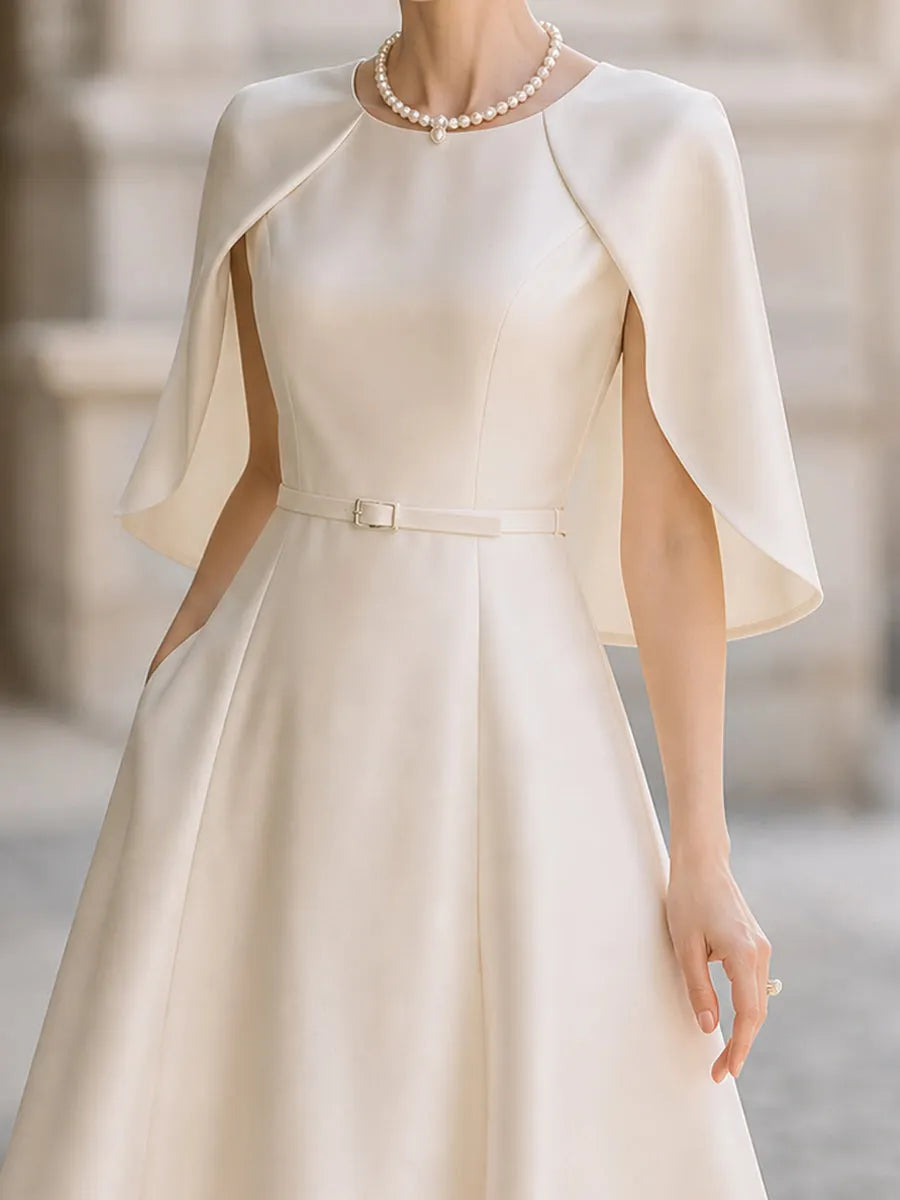 Elegant Satin Cape-Sleeve A-Line Midi Dress
