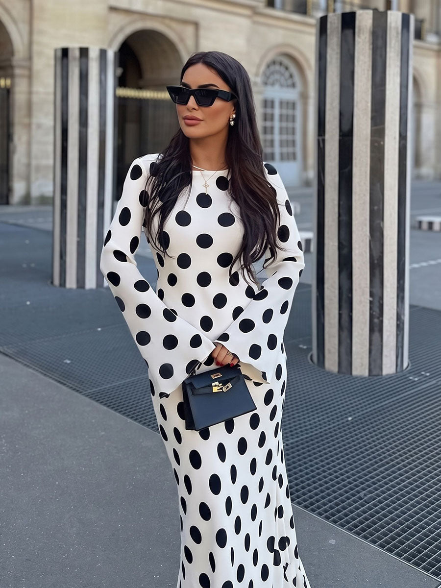 Polka Dot Contrast Color Loose Long Sleeves Round-neck Maxi Dresses