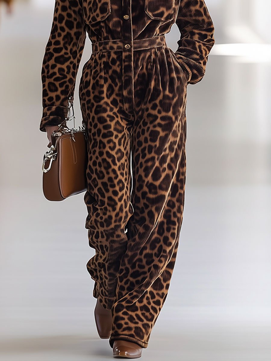[24-hour shipping out]Casual Loose Retro Corduroy Leopard Print Multi-Pocket Long Sleeve Jumpsuit