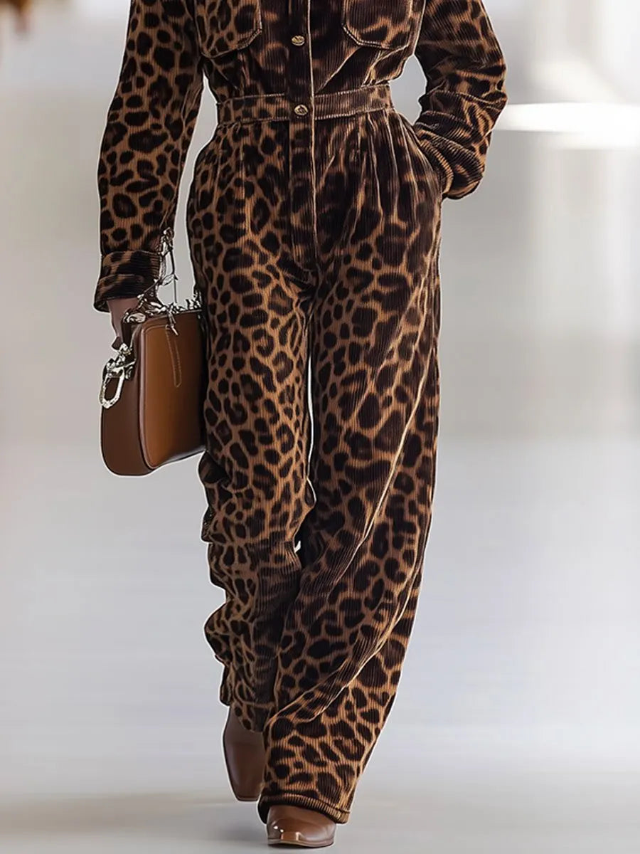 [24-hour shipping out]Casual Loose Retro Corduroy Leopard Print Multi-Pocket Long Sleeve Jumpsuit