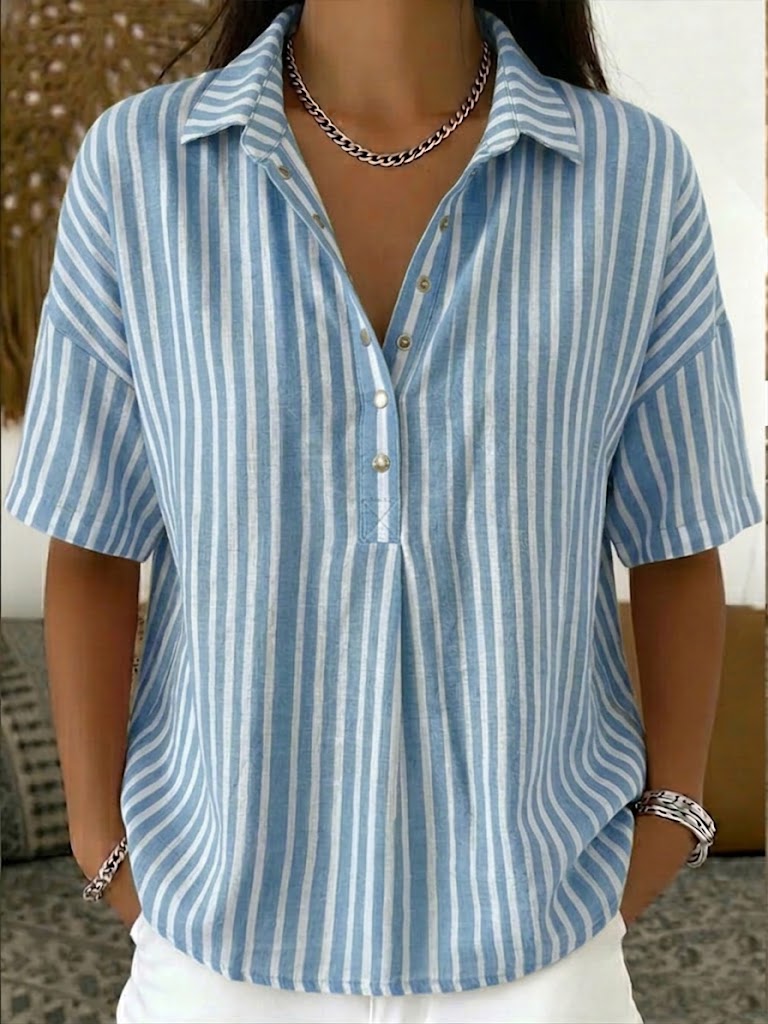 Casual Stripe Polo Collar Short-sleeved Linen And Cotton Shirt