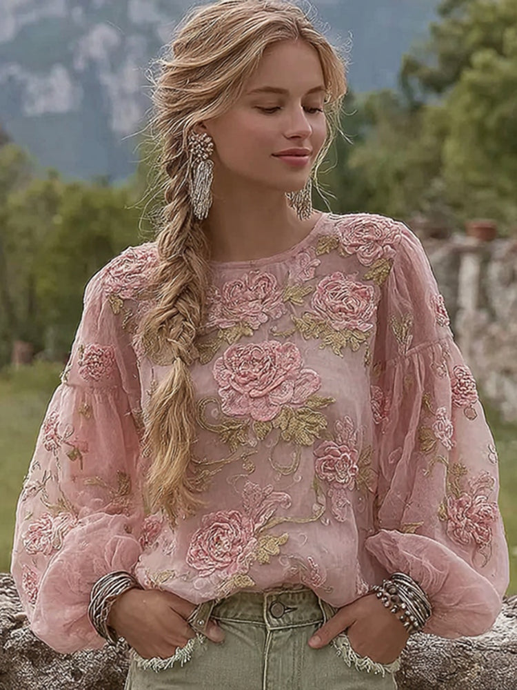 Elegant Bohemian-style Pink Rose Embroidered Comfortable Casual Linen Waist-cinching Top