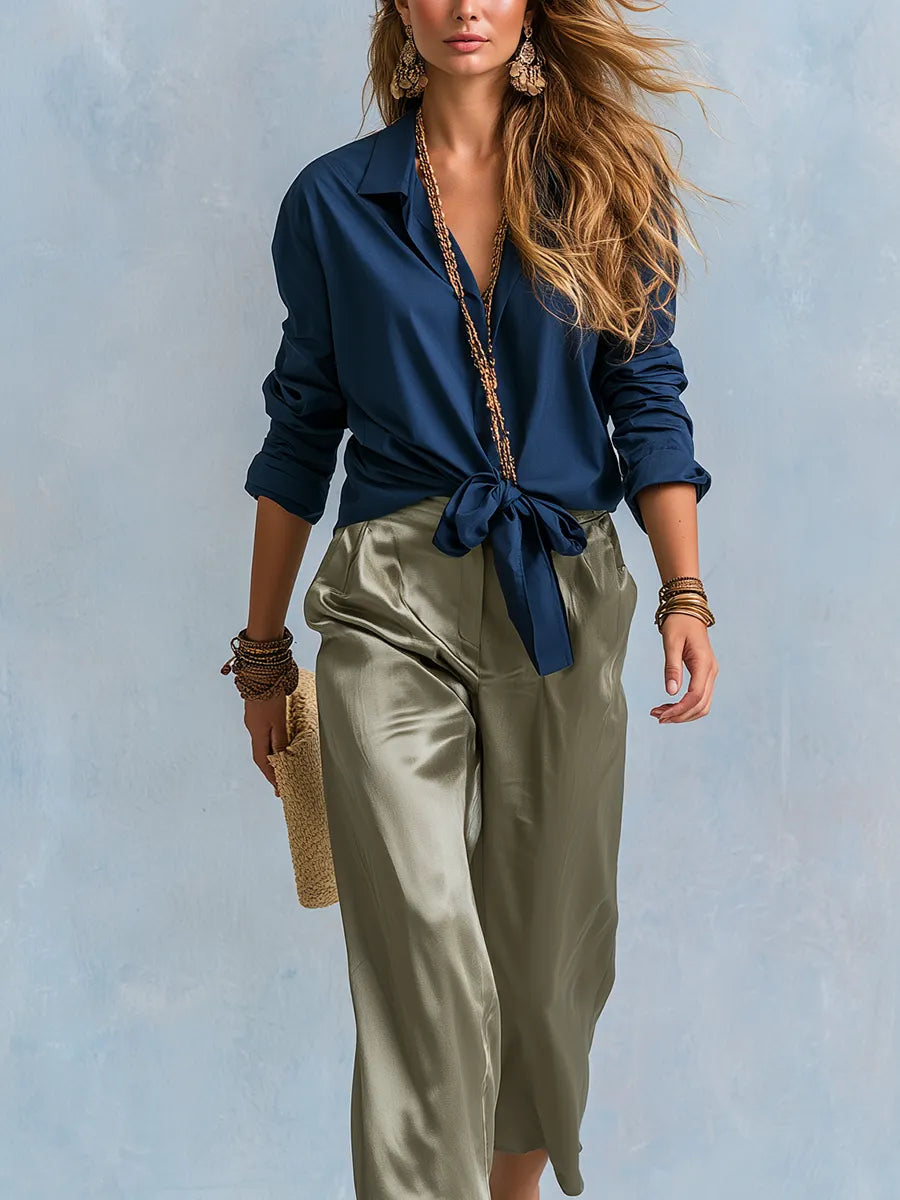 Casual Satin Shirt-style Tie-front Top And Cropped Trousers Set