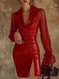 [24-hour shipping out]Bright and Moving transparent Mesh Sleeves Red Leather Slim Mini Dress