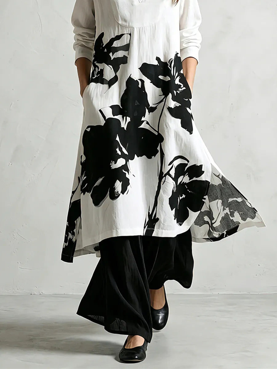 Dark Floral Belted Coat And Trousers