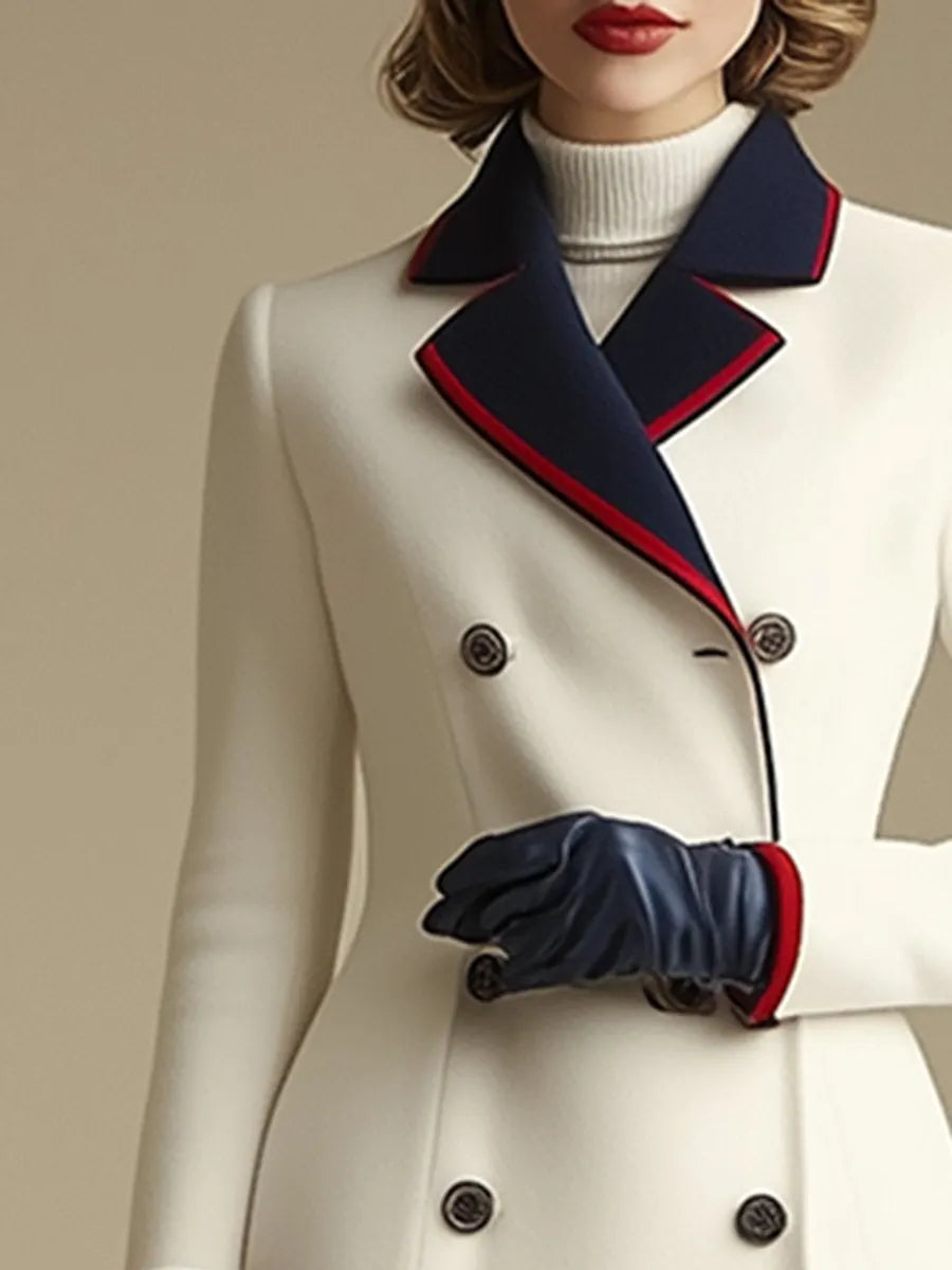 [24-hour shipping out]High-End Retro And Fashionable Double-Breasted Lapel Color-Blocked Long Coat