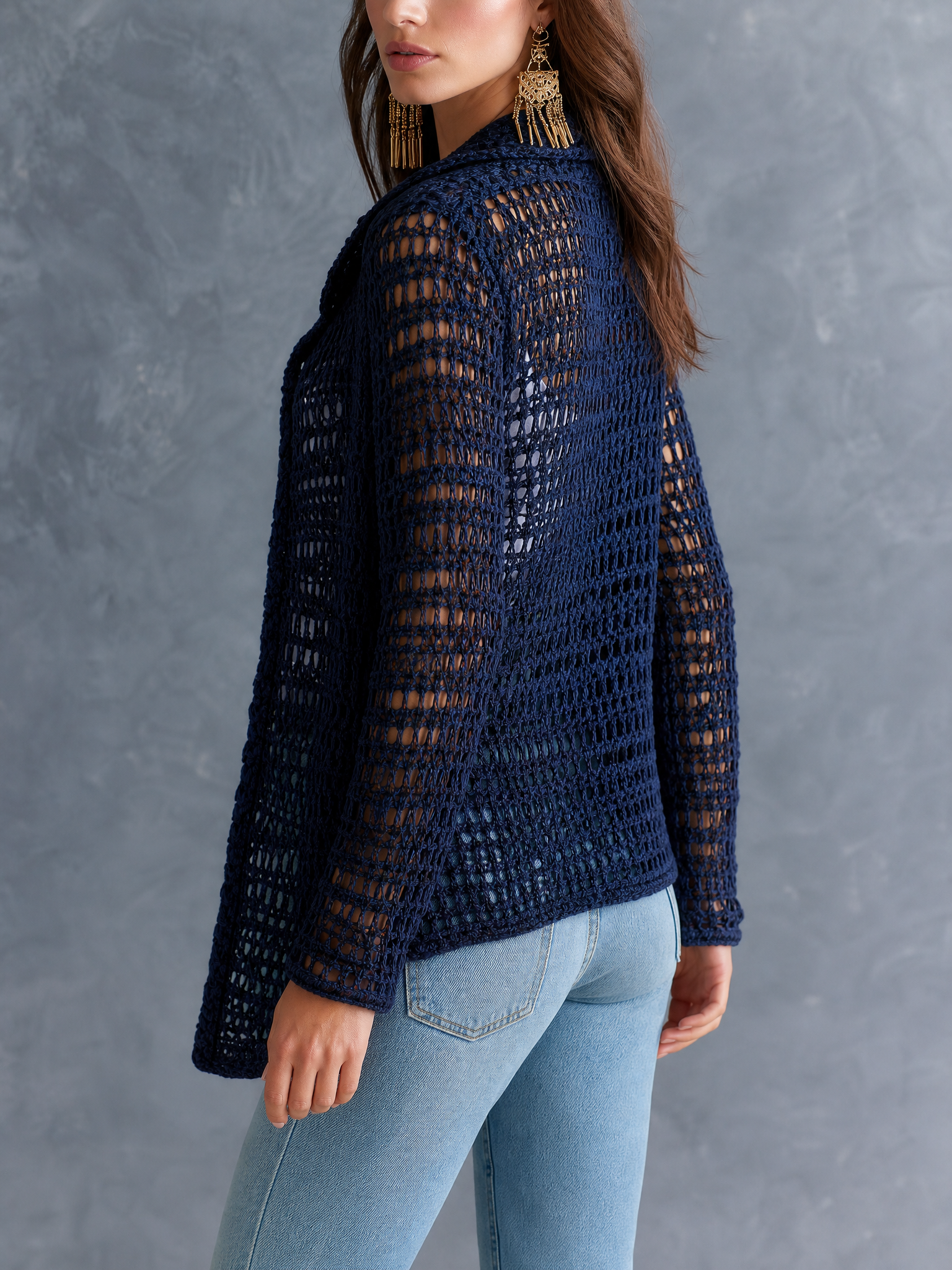 Coastal Boho Open-Knit Long-Sleeve Hollow-Out Dark Blue Duster Cardigan