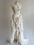 Vintage Unique Long Lace Prom Dress Wedding Dress Bridal Gown    fg7209
