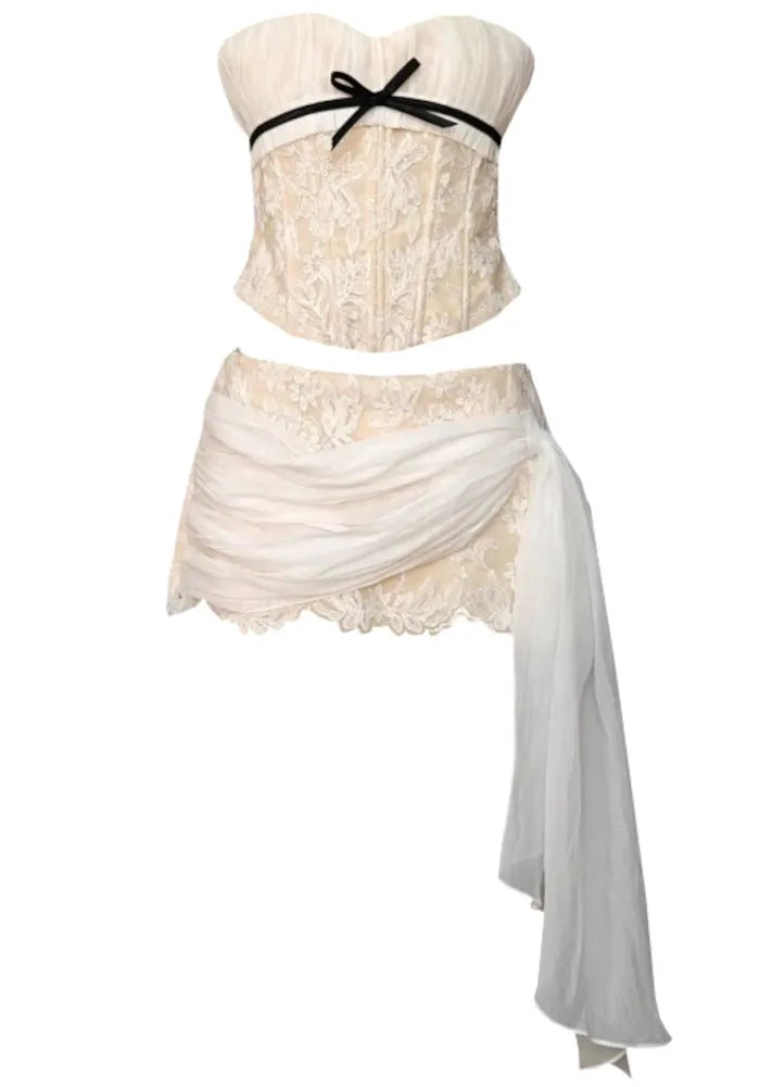 Strapless Floral Corset Two Piece Dress Ivory
