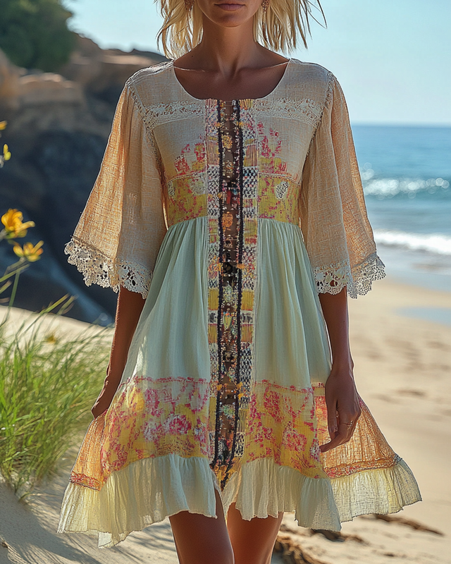Summer Floral Contrast Color Lace Patchwork Comfortable Dress  6865