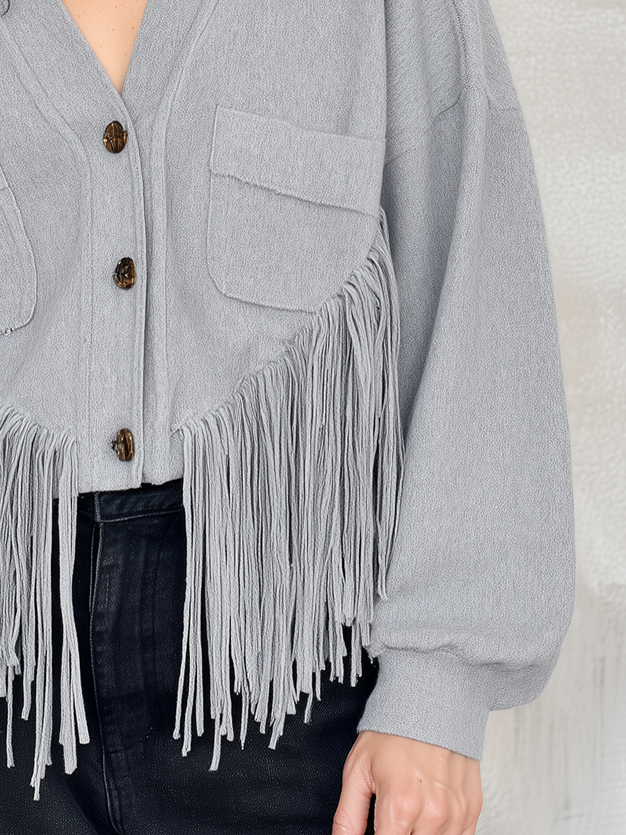 Relaxed Light Gray Fringe Cardigan