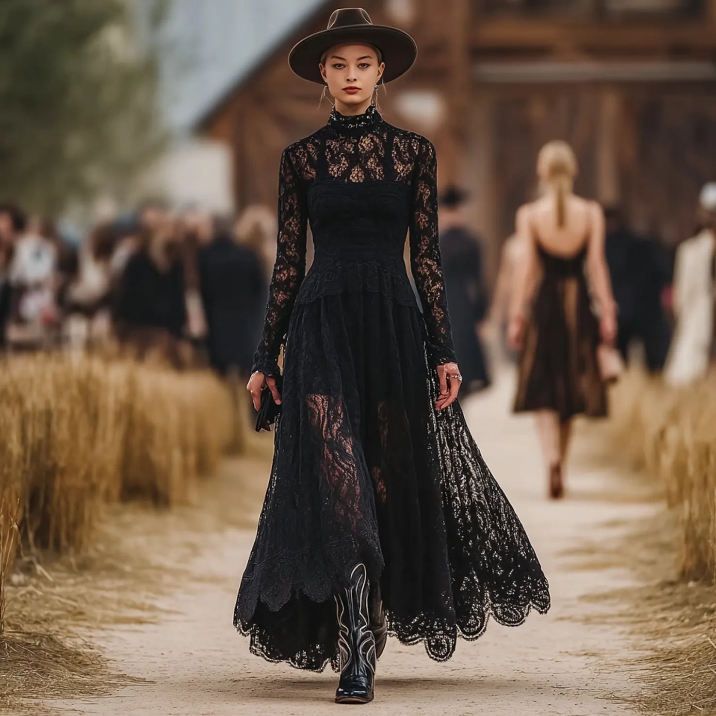 Women's Vintage Elegant Black Lace And Velvet Maxi Dress