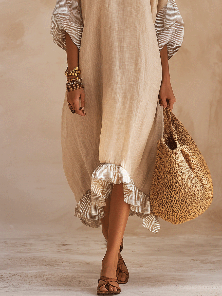 Effortless Coastal Breeze Relaxed Fit Kaftan Beige Midi Dress